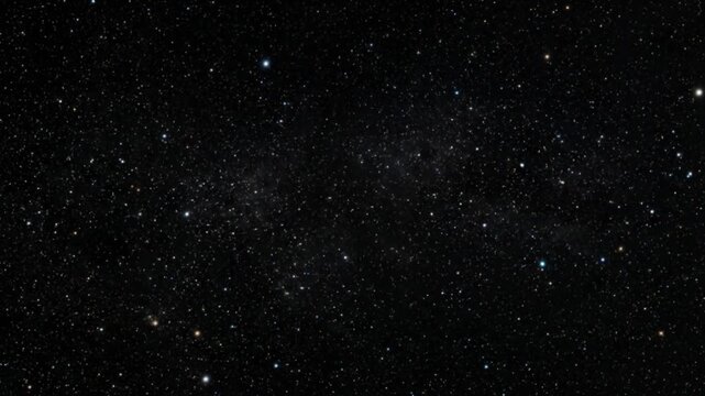 漆黒の宇宙空間を前進し手前に広がる無数の星々と微小な塵のリアルなCG動画