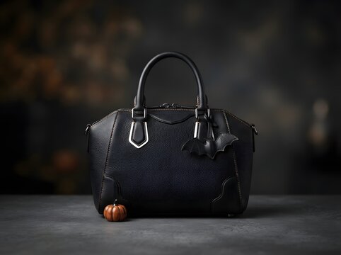 Elegant black leather handbag with a small bat charm and pumpkin for halloween theme