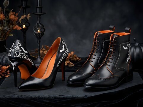 Elegant black high heel shoes and leather boots with spooky gothic style decoration