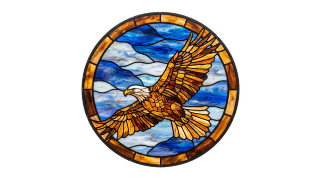 Stained glass bald eagle soaring in blue sky, circular mosaic bird art, decorative glass window panel with golden eagle