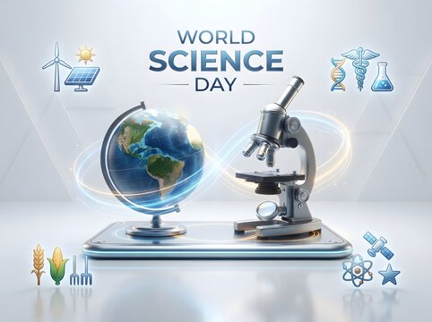 World science day concept with a globe and a microscope on a modern platform