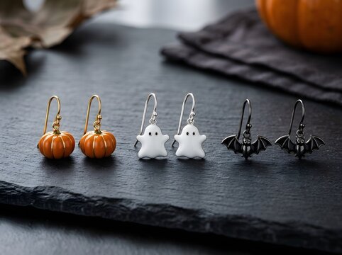 Cute pumpkin ghost and bat earrings for halloween party on a dark stone surface table