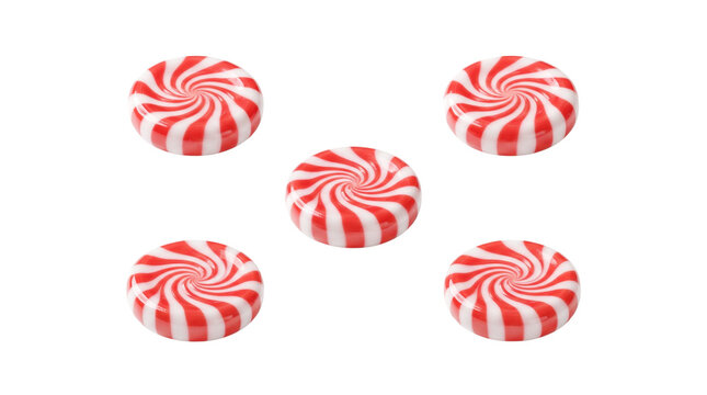 Peppermint swirl candies, five red and white striped mints on white background, festive hard candy sweets for Christmas holiday treats