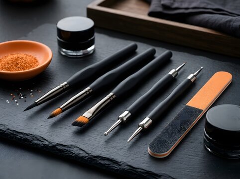 Professional nail art brush set with tools and accessories on a dark black surface