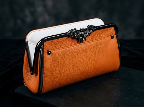 Orange leather handbag with a black metal bat decoration for a spooky halloween look