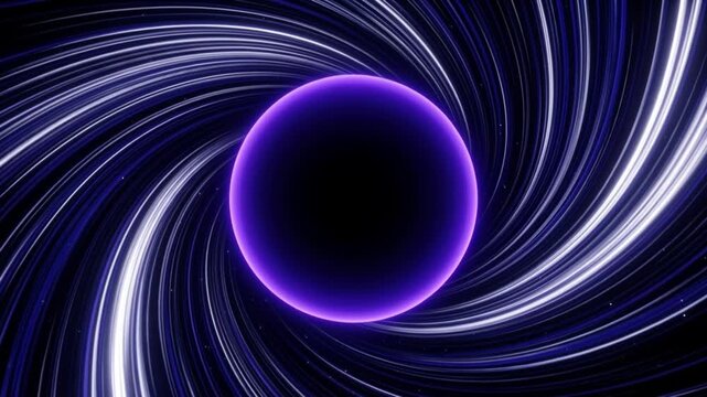 漆黒の宇宙空間で手前に迫り来る紫色の量子球体と群青色の螺旋状の光の渦のワープCG動画