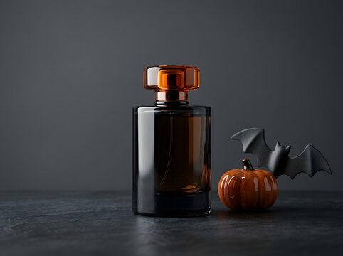 Elegant perfume bottle with a small orange pumpkin and black bat for halloween theme