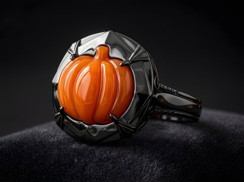Orange pumpkin ring with bat wings on a dark black background for halloween jewelry