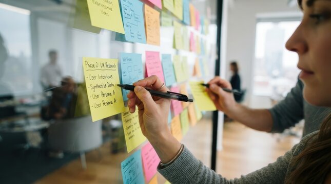 Professional team collaborating on ux research strategy with sticky notes