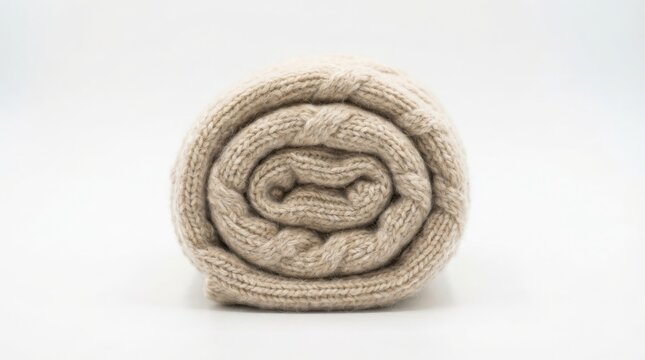 Beige cable knit wool blanket rolled into a spiral. Soft cream cashmere throw for home decor. Cozy winter textile with woven texture. isolated on White Background