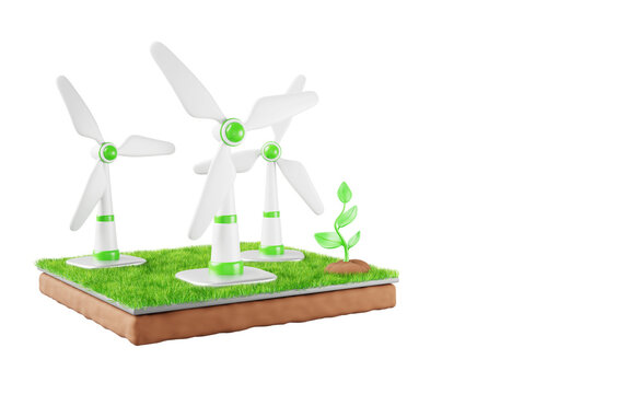 Floating island with wind turbines, green grass and young sprout on blue background. 3D render of sustainable energy with renewable power generation, environmental technology concept
