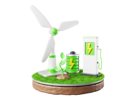 Sustainable ecology concept. Green 3D island with windmill turbines, battery renewable power, small plant sprout, EV charging station flying in blue sky. Environment cartoon graphics
