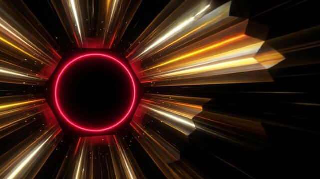 漆黒の宇宙空間で手前に迫り来る深紅の量子リングと黄金と琥珀色の六角形光線のワープCG動画