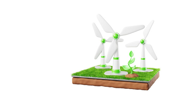 Green 3d island with wind turbines, windmills power generators, small plant sprout flying in blue sky. Renewable clean energy production. Ecology sustainability environment icon
