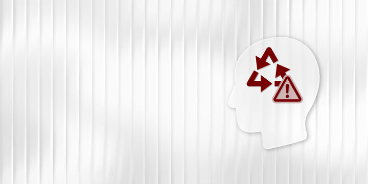 Concept of rumination and mental health issues with a white human head silhouette, red recycling symbol, and warning triangle on a bright striped background.