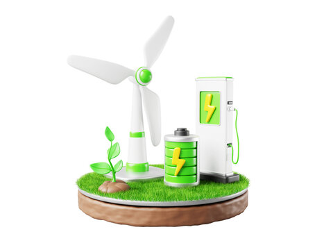 Renewable green energy. Floating island 3d icon with wind turbine, EV charging station, battery, growing plant sprout. Sustainable development, environment protection, conservation