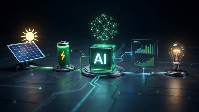 Artificial intelligence powering green energy system with solar panel battery and light bulb showing data analytics visualization for sustainable power management.