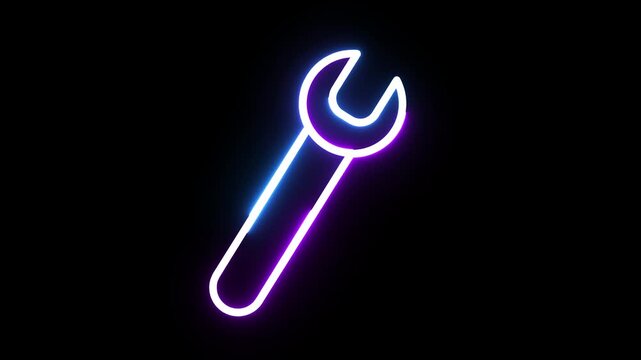 Neon glowing wrench icon animation with purple and blue light effects on black background.