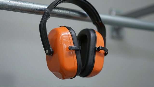 Orange hearing protection earmuffs hanging from a metal rail in an industrial workplace
