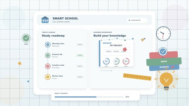 animated graphic user interface for a smart school daily learning journey, featuring a study roadmap, learning workspace, project progress indicators, and school-related iconography.
