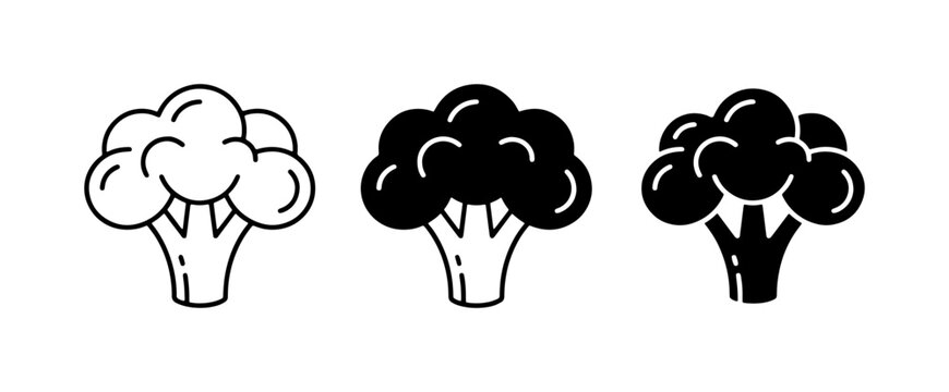 Minimalist broccoli icon set, black and white vegetable vector, healthy food symbols for menu design