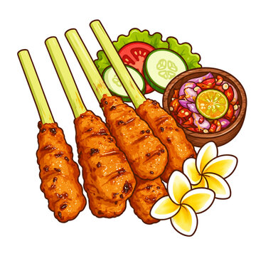 Indonesian sate lilit Balinese minced meat satay grilled on lemograss sticks png vector illustration
