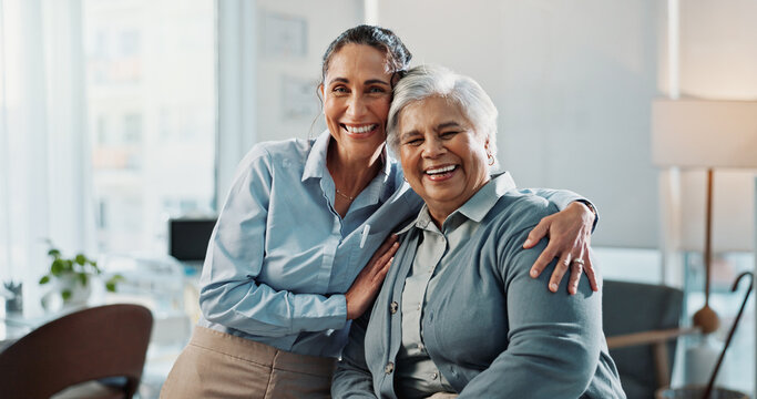 Medical, old woman and doctor in hospital with portrait, aging care or guidance in senior wellness. Smile, patient and gp with loving hug, clinical support or happy relationship in elderly healthcare