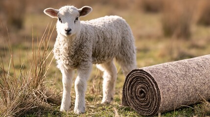 Obraz premium Young lamb stands next to rolled tweed wool rug in meadow with dry grass