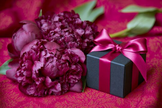 Peony flowers, in an overhead layout with balanced spacing and soft shadows