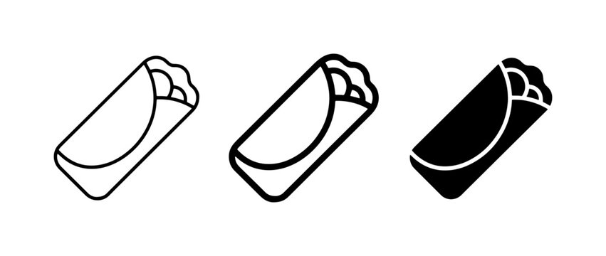 Burrito icon set, Mexican wrap vector illustrations, black and white shawarma symbols for food menu