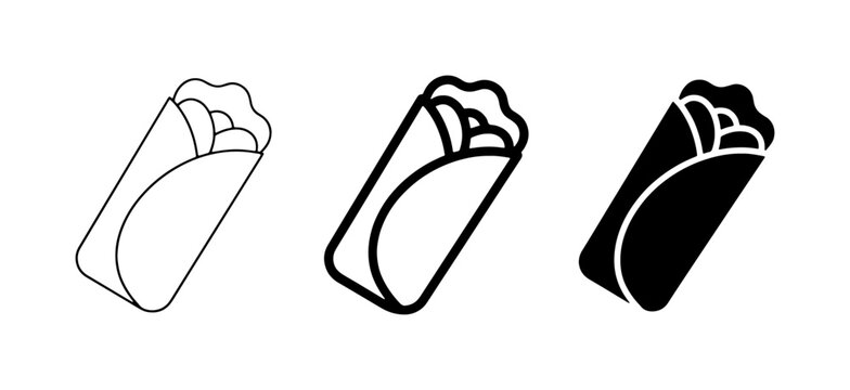 Burrito icon set in vector format. Mexican food wrap symbols. Minimalist shawarma and kebab line art.