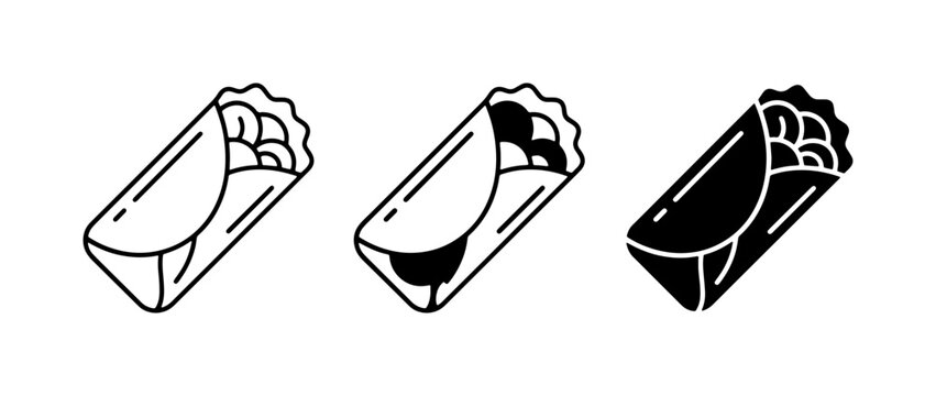 Burrito icon set, 3 mexican wrap vector illustrations, black and white shawarma food symbols