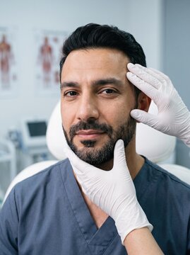 A gloved specialist examines a bearded man's face at a dermatology clinic, a skincare consultation and cosmetic treatment concept.