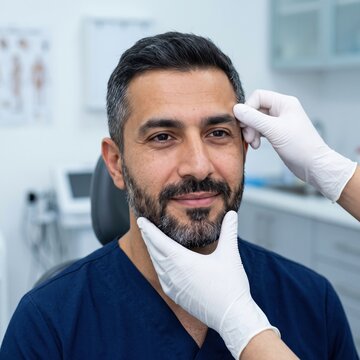 A gloved specialist examines a bearded man's face at a dermatology clinic, a skincare consultation and cosmetic treatment concept.