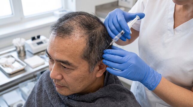 A man reclines as a gloved specialist injects mesotherapy solution into his scalp, a hair restoration and hair growth treatment concept.