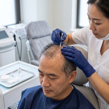 A man reclines as a gloved specialist injects mesotherapy solution into his scalp, a hair restoration and hair growth treatment concept.