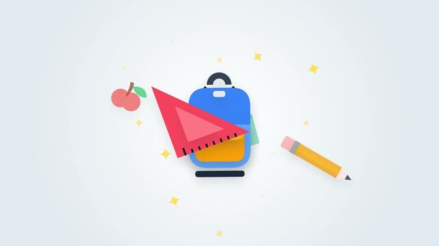 2D vector animation featuring a blue school backpack surrounded by floating school supplies including a green notebook, red ruler, yellow pencil, and red apple on a light background with sparkling 