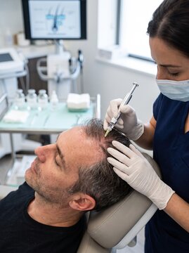 A man reclines as a gloved specialist injects mesotherapy solution into his scalp, a hair restoration and hair growth treatment concept.