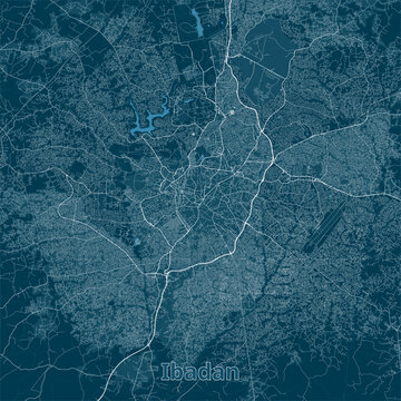 Detailed dark teal vector road map of Ibadan in Oyo State Nigeria highlighting its extensive urban street layout, major arterial routes, water reservoirs, and surrounding landscape.