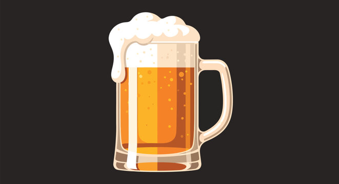 Glass of beer with foam and bubbles on a dark background.