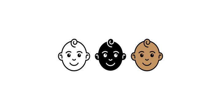 Three infant baby face icons featuring outline solid black and skin tone variations for childcare branding web designs.