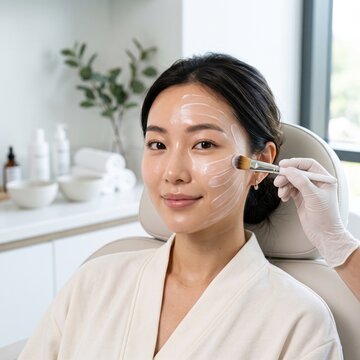 A smiling Asian woman receives a facial treatment as a gloved specialist applies cream with a brush, a skincare and spa wellness concept.