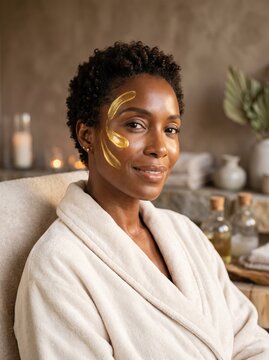 Smiling African American woman with braided hair has a golden facial mask applied to her cheek, a luxury skincare and beauty treatment concept.