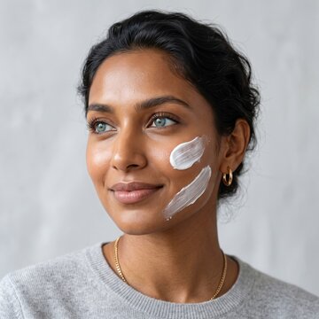 A South Asian woman with cream swatches on her cheek showcases a skincare product, a beauty and cosmetics concept portrait.