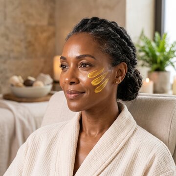 Smiling African American woman with braided hair has a golden facial mask applied to her cheek, a luxury skincare and beauty treatment concept.