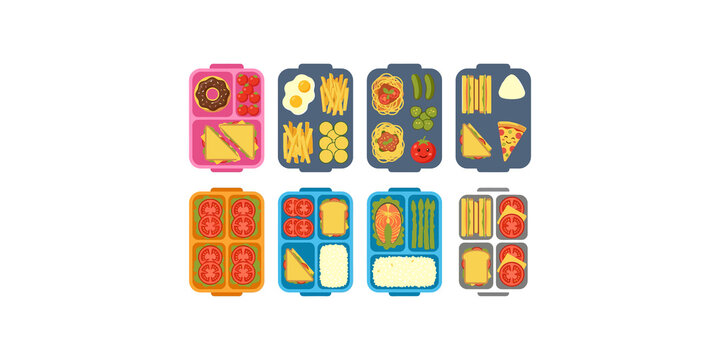 Bento lunch box collection containing healthy meal portions sandwiches fruits and snacks for school or office catering.