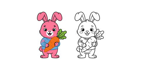 Fototapeta premium Cute cartoon bunny with carrot, full color drawing and black outline, adorable rabbit character design element.