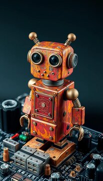 Rusty tin robot sits atop a retro-futuristic motherboard, AI concept, ||tarnished metal