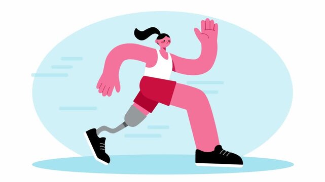 Dynamic illustration athlete prosthetic leg in mid-motion inclusive sports empowerment.