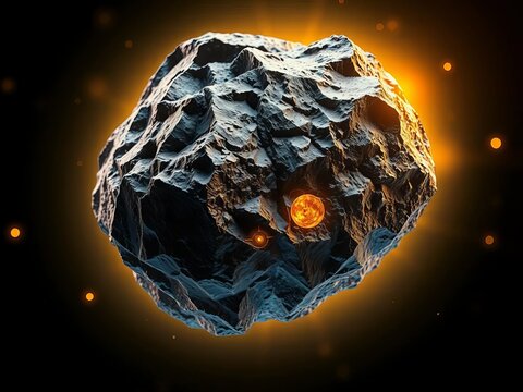 Rocky asteroid fragment glowing with metallic sheen, space rock, explosion